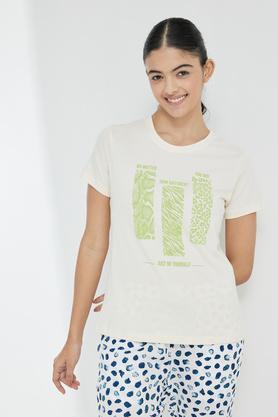 printed cotton round neck women's t-shirt - off white