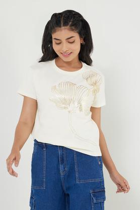 printed cotton round neck women's t-shirt - off white