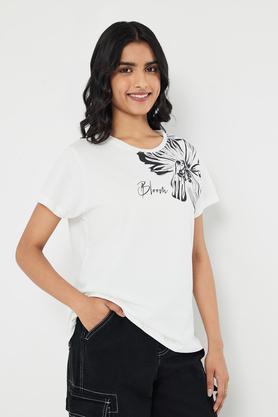 printed cotton round neck women's t-shirt - off white