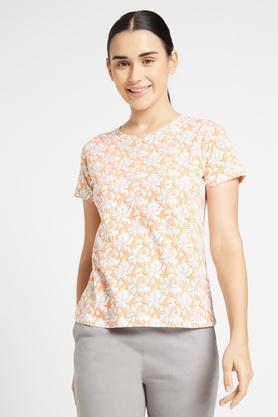 printed cotton round neck women's t-shirt - orange