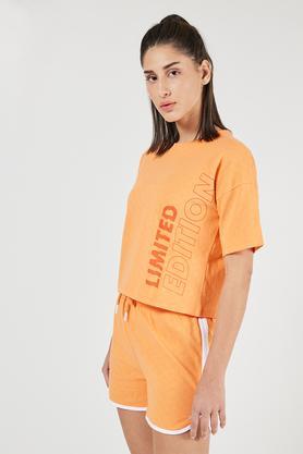 printed cotton round neck women's t-shirt - orange