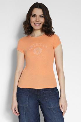 printed cotton round neck women's t-shirt - orange