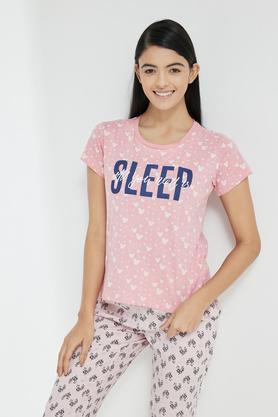 printed cotton round neck women's t-shirt - pink