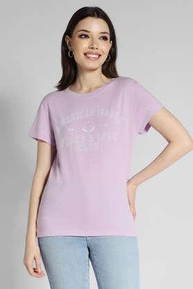 printed cotton round neck women's t-shirt - plum