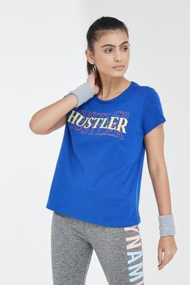 printed cotton round neck women's t-shirt - royal blue