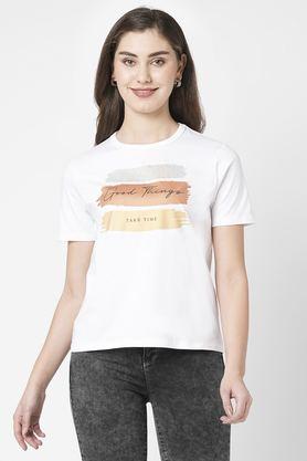 printed cotton round neck women's t-shirt - white