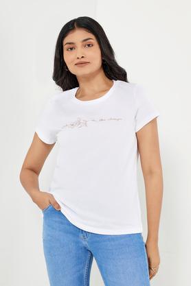 printed cotton round neck women's t-shirt - white