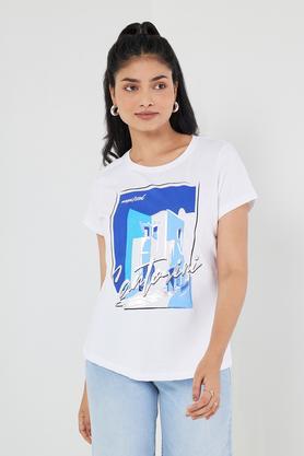 printed cotton round neck women's t-shirt - white