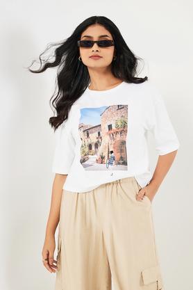 printed cotton round neck women's t-shirt - white