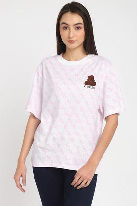 printed cotton round neck women's t-shirt - white