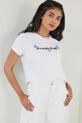 printed cotton round neck women's t-shirt - white