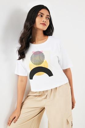 printed cotton round neck women's t-shirt - white