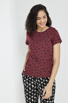 printed cotton round neck women's t-shirt - wine