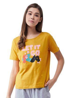 printed cotton round neck women's t-shirt - yellow
