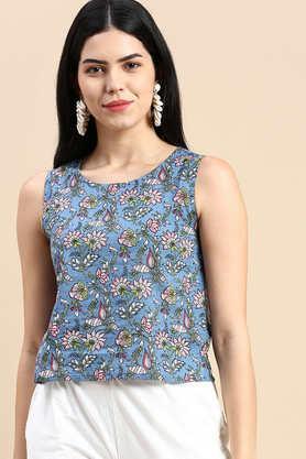 printed cotton round neck women's top - blue