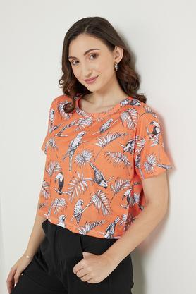 printed cotton round neck women's top - orange