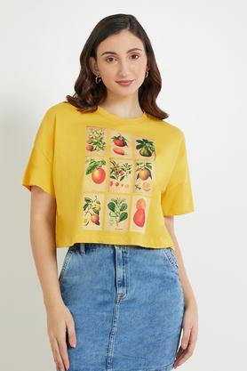 printed cotton round neck women's top - yellow