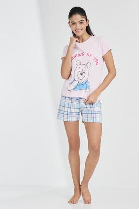 printed cotton round neck women's top and shorts set - pink