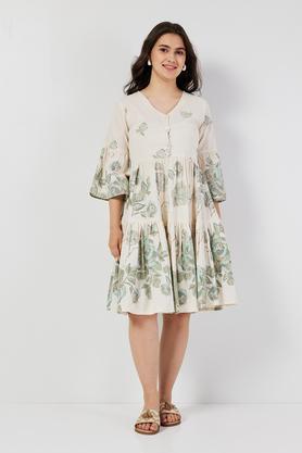 printed cotton round neck women's tunic - off white