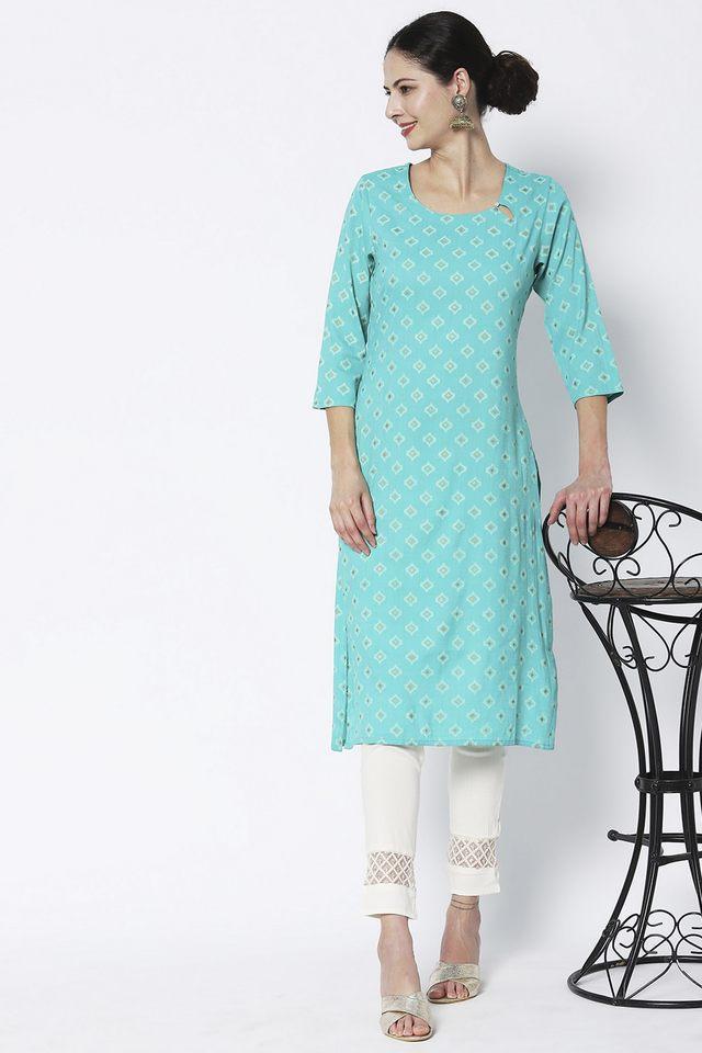 printed cotton round neck womens casual wear kurta