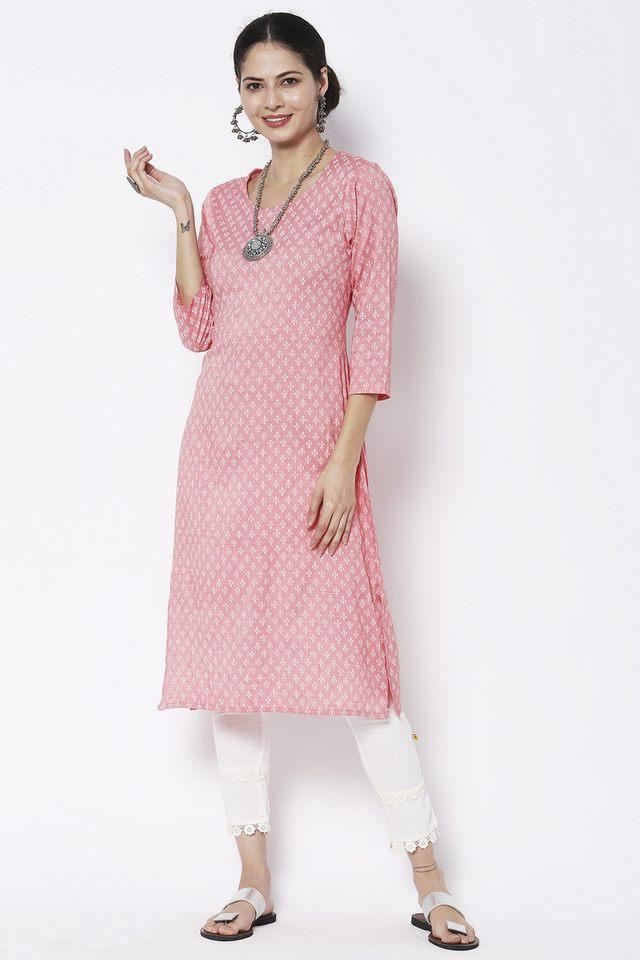 printed cotton round neck womens casual wear kurta