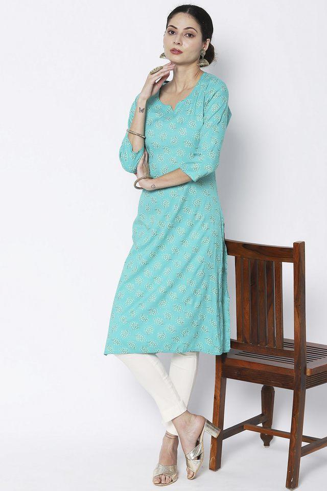 printed cotton round neck womens casual wear kurta