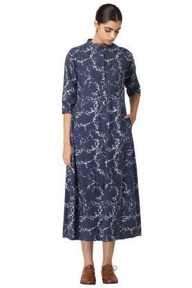 printed cotton round neck womens kurta - navy