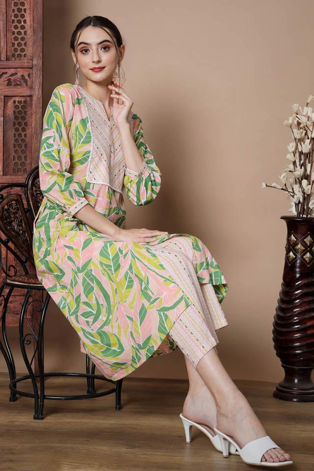 printed cotton round neck womens kurta palazzo set