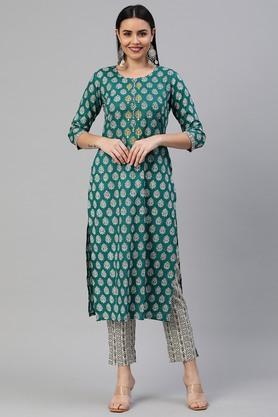 printed cotton round neck womens kurta pant set - green