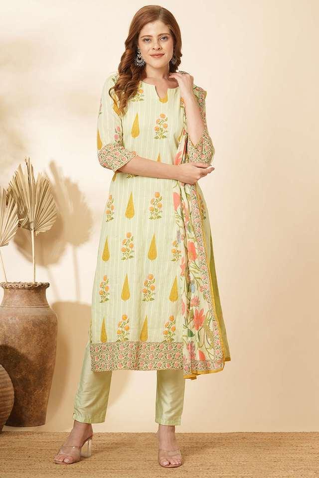 printed cotton round neck womens kurta with pant and dupatta