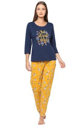 printed cotton round neck womens nighty - mustard