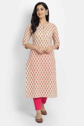 printed cotton round neck womens straight kurti - lime