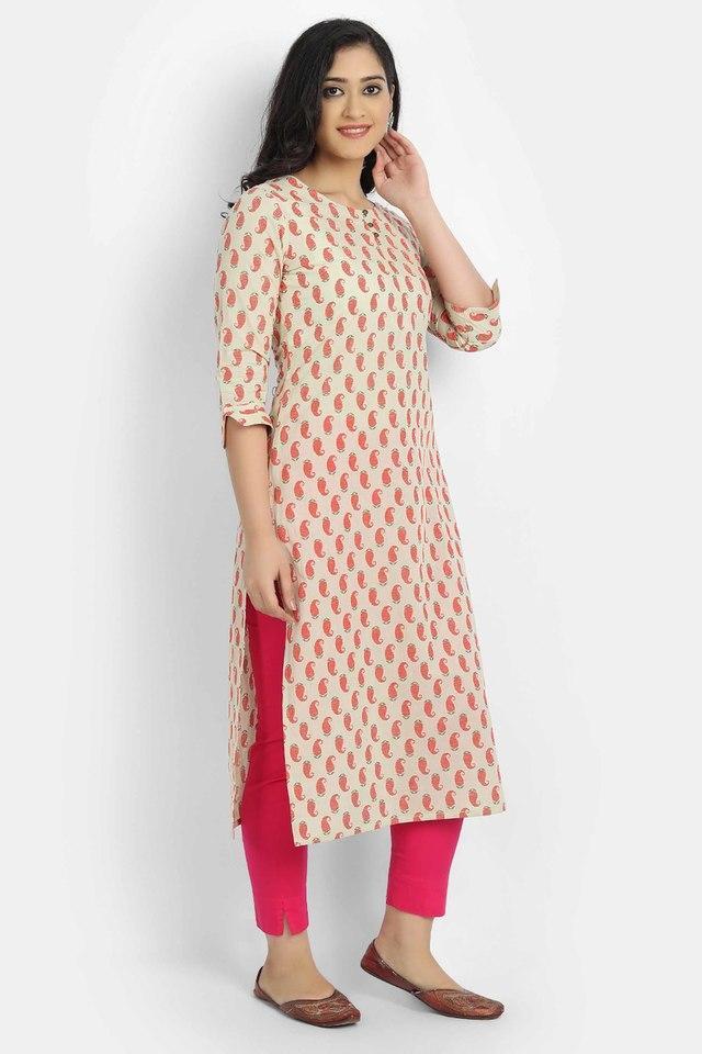 printed cotton round neck womens straight kurti