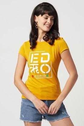 printed cotton round neck womens t-shirt - mustard
