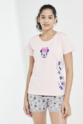 printed cotton round neck womens t-shirt - pink