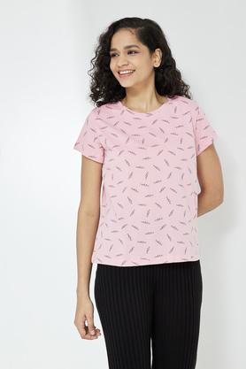 printed cotton round neck womens t-shirt - pink