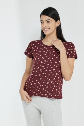printed cotton round neck womens t-shirt - wine