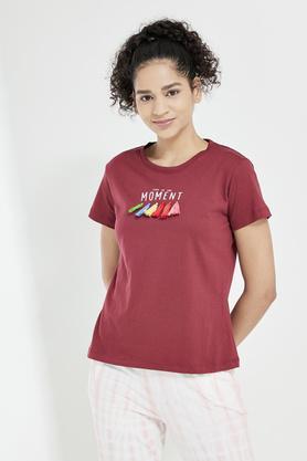 printed cotton round neck womens t-shirt - wine