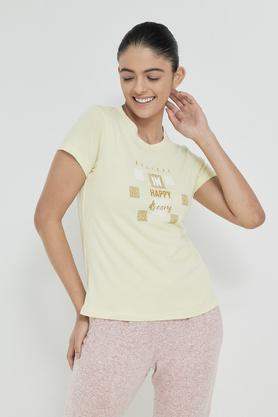 printed cotton round neck womens t-shirt - yellow