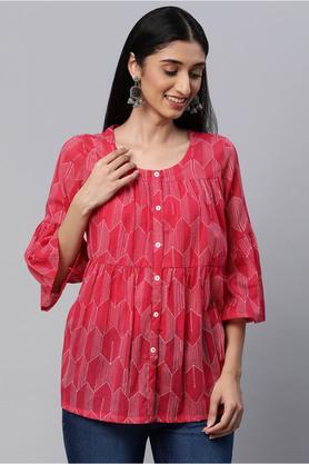 printed cotton round neck womens top - pink