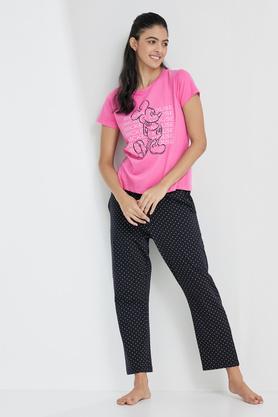 printed cotton round neck womens top and pyjama set - pink