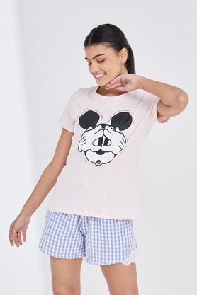printed cotton round neck womens top and pyjama set - pink