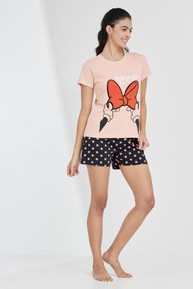 printed cotton round neck womens top and shorts set - coral