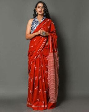printed cotton saree with striped pallu