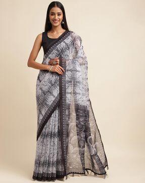 printed cotton saree with tassels