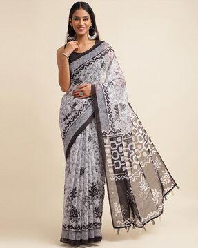 printed cotton saree with tassels