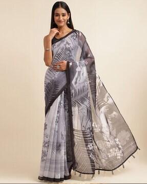 printed cotton saree with tassels