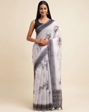 printed cotton saree with tassels