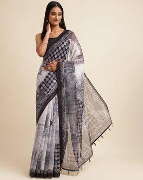 printed cotton saree with tassels