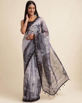 printed cotton saree with tassels